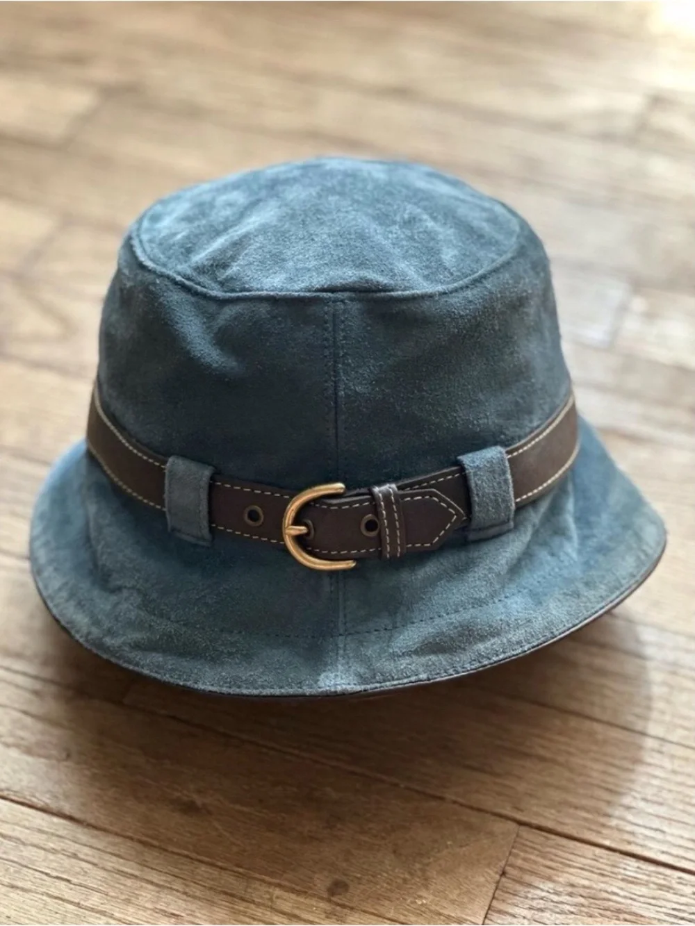 Coach Hat Womens Size‎ Small Blue Suede Bucket Leather Band Metal Buckle Retro
